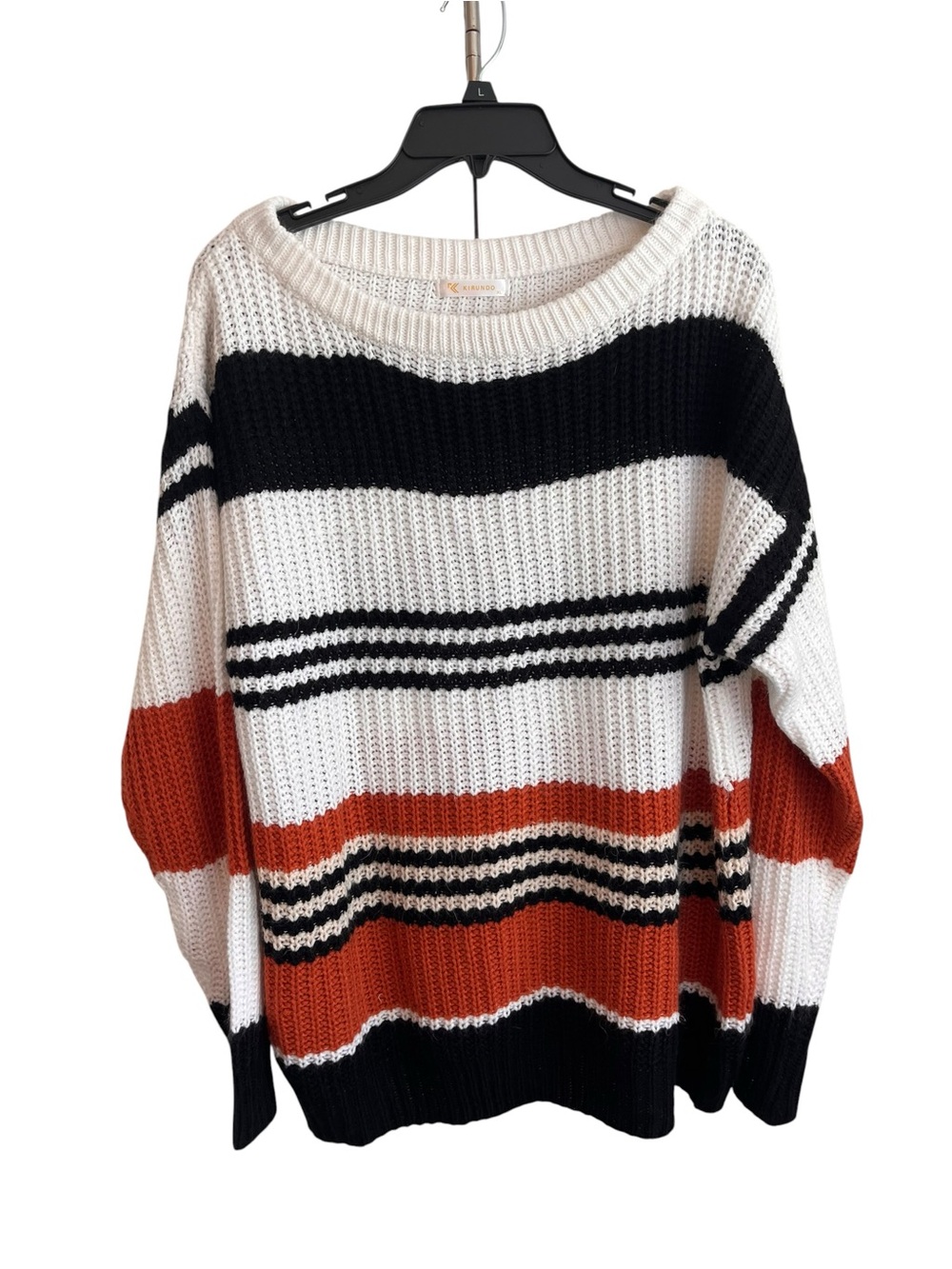 Kirundo Women’s XL Chunky Knit Colorblock Striped Sweater Black Ivory Rust Overs